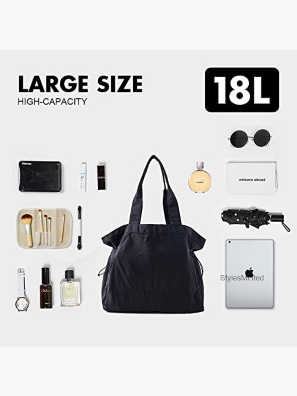 18L Waterproof Nylon Tote Bag, Lightweight Hobo Shoulder Bag with Side Cinch, - Picture 4 of 7